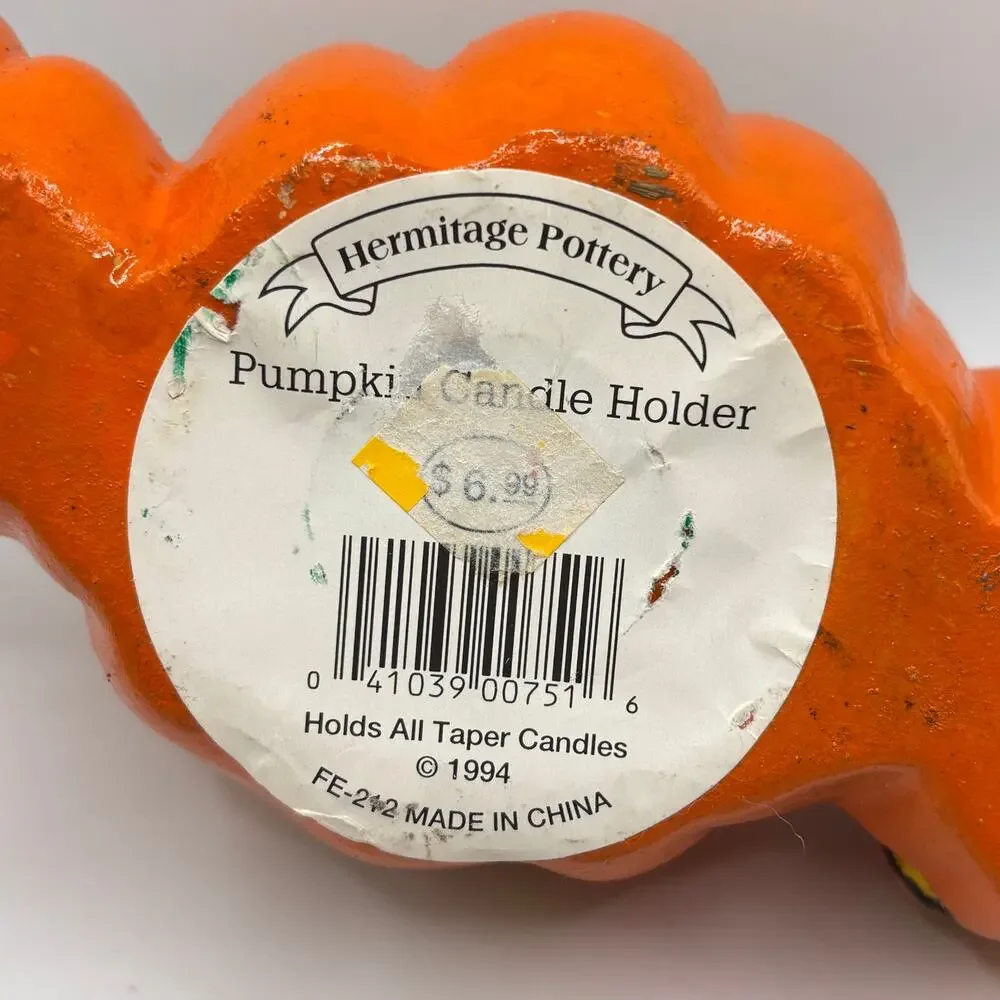 Vintage 90s Halloween Orange Jack-o-Lantern Ceramic Pumpkin Taper Candle Holder